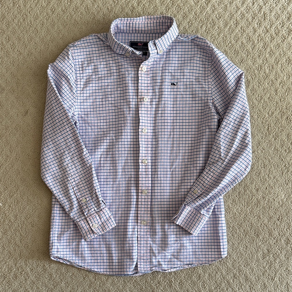 Vineyard Vines Boy’s White Button-Down Shirt with Blue & Pink Size Medium
